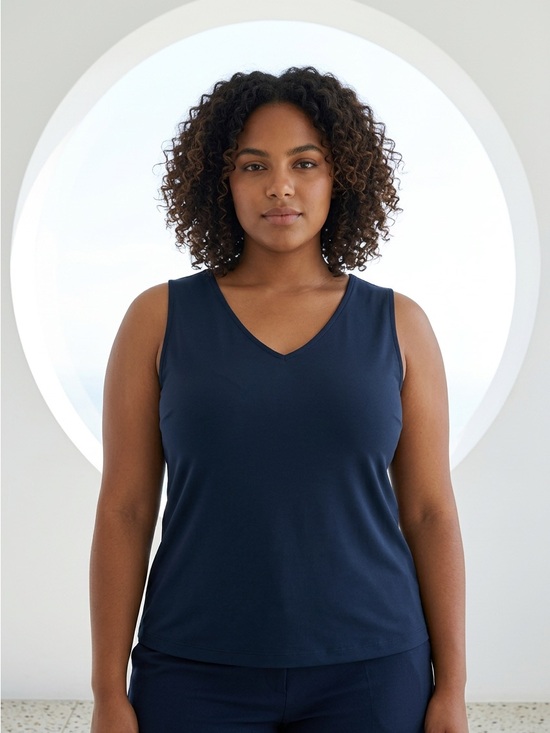 cleo Tops - Cleo Navy Blue Office Summer V-Neck Sleeveless Fully Lined Tank-XL